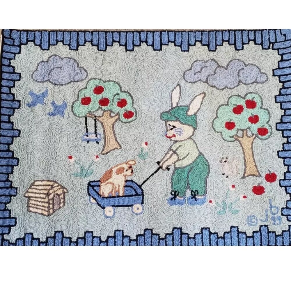 Judi Boisson American Country Hand Hooked Rug Apple Tree Bunny 40‎ x 30 90's